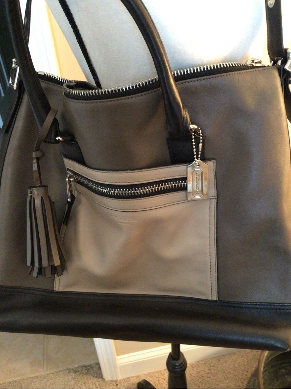 Coach Two-Tone Gray and Black Leather Shoulder Bag with Tassel